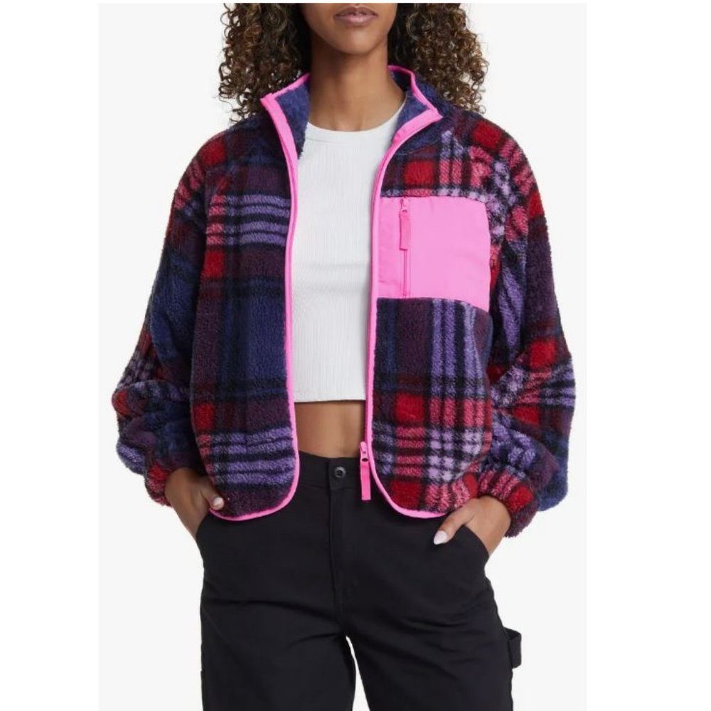 Love, Fire Colorful Faux Shearling Plaid Jacket